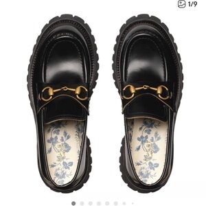 Gucci Black Lug Sole Loafers with Gold Horsebit